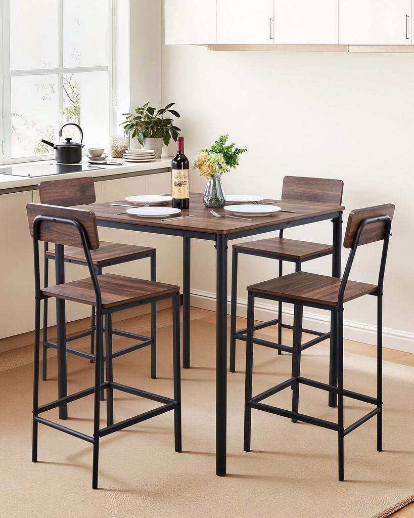 Bar Table, 5PCS 889mm Bars Tables Set, Bar Tables and Chair Set with Rounded Edge Design, Square Pub Table with Four Stools for Living Room, Dining