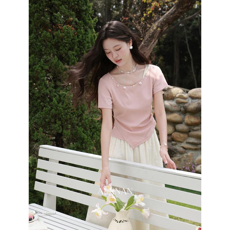 Laxiangnan Pink Fake Two-Piece Short-Sleeve T-Shirt
