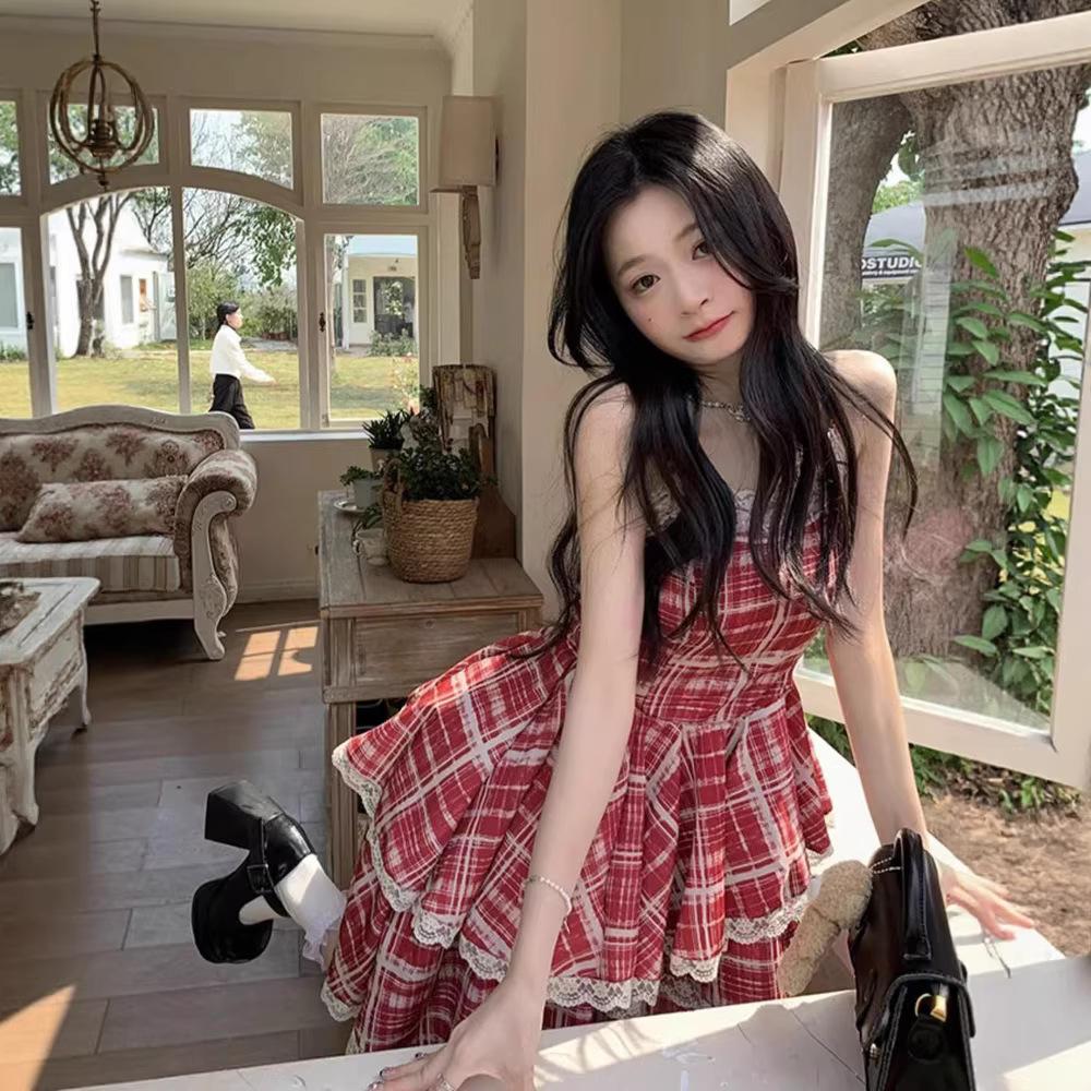 French sweet style square neck plaid suspender dress women's summer irregular red princess lace tutu dress