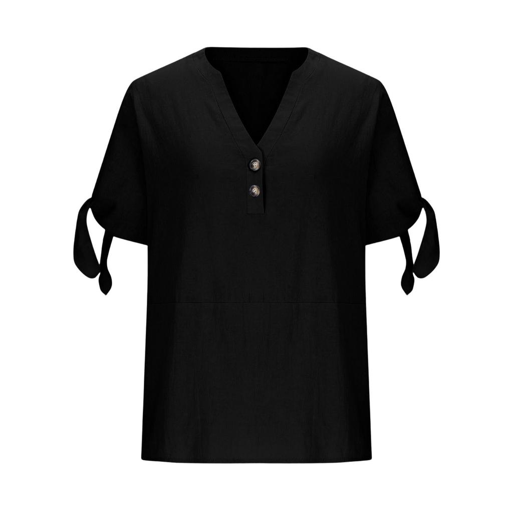 Womens V Neck Short Sleeve Blouse with Button and Tie Sleeve Casual Loose Fit Top for Daily Wear Office School