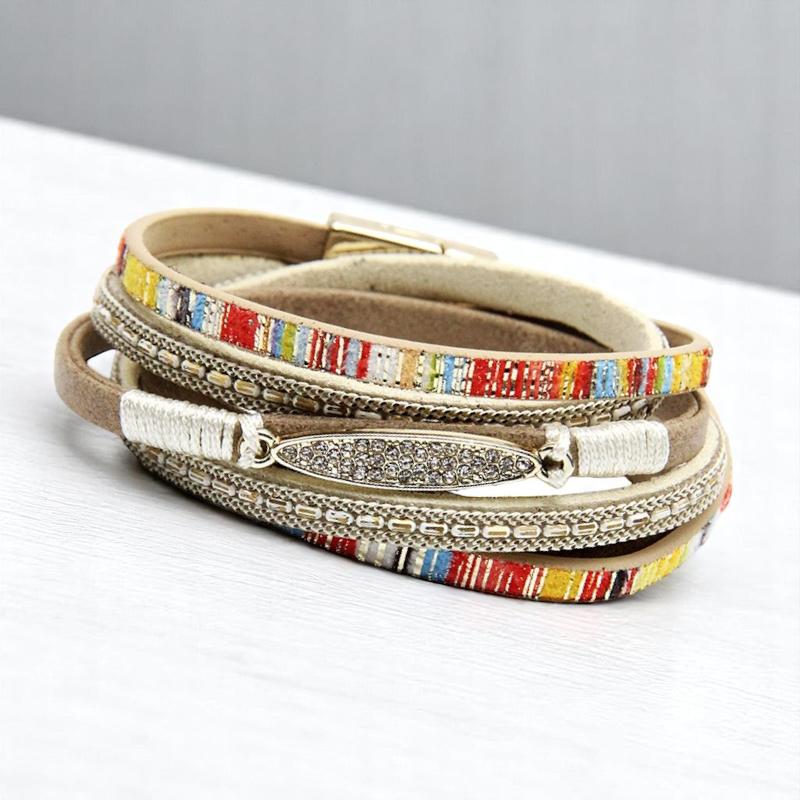 Women' Boho Bracelet, Pink Eco-leather, 19.5 , Gold Details
