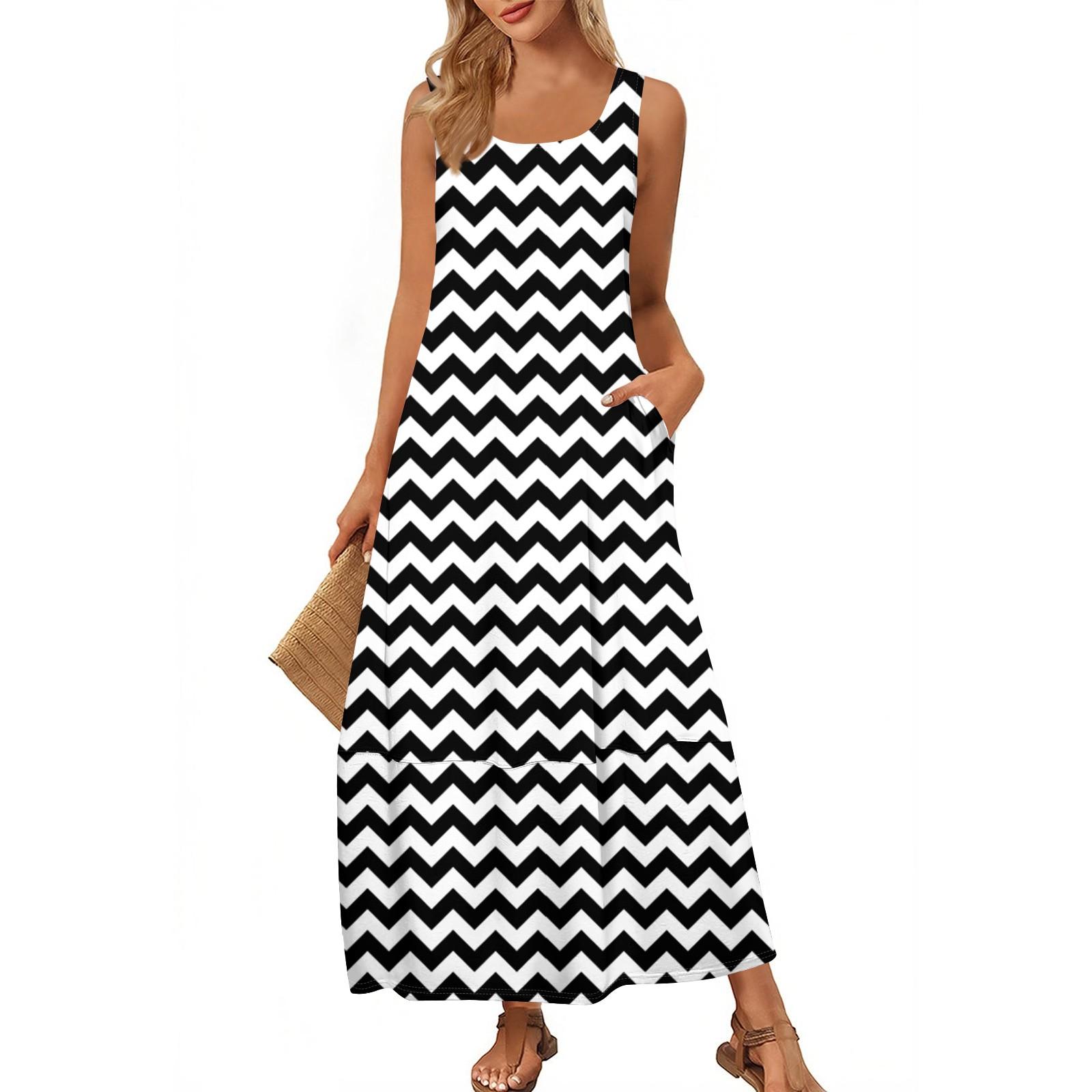 

Women s Fashion Casual Sundress Summer Beach Dress Round Neck Sleeveless Loose Striped Print Sundress XL білий