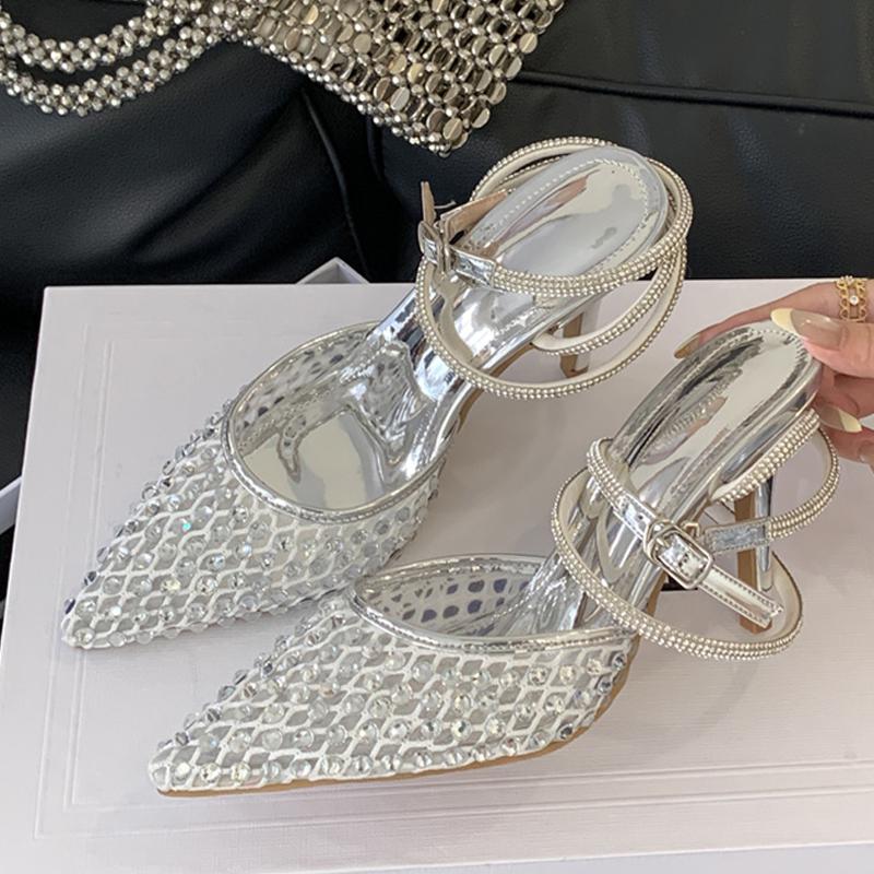Woman Designer Rhinestone Mesh Pointed Toe Slingback Sandals Crystal Ankle Strap Women Pumps High Heels Party Prom Shoes