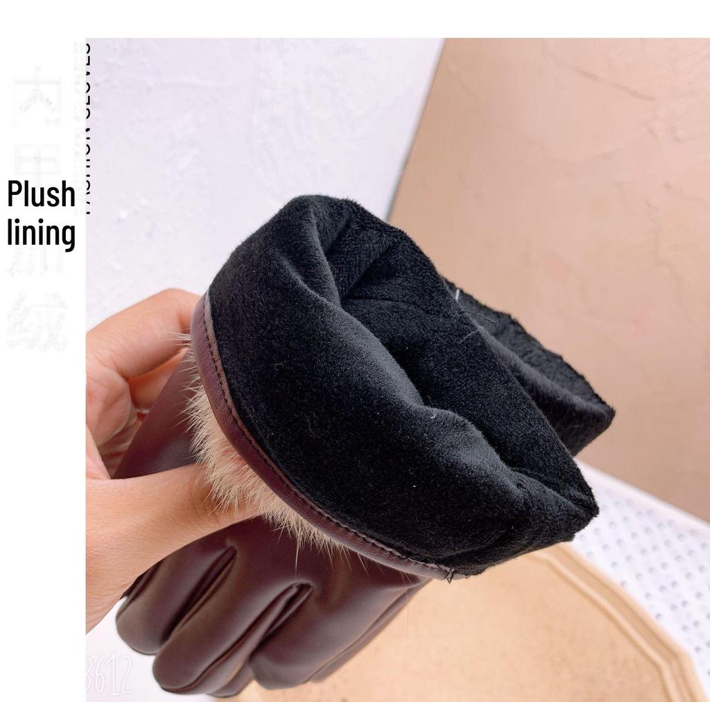 Women's Touch Screen PU Leather Gloves with Plus Velvet Lining for Winter Warmth