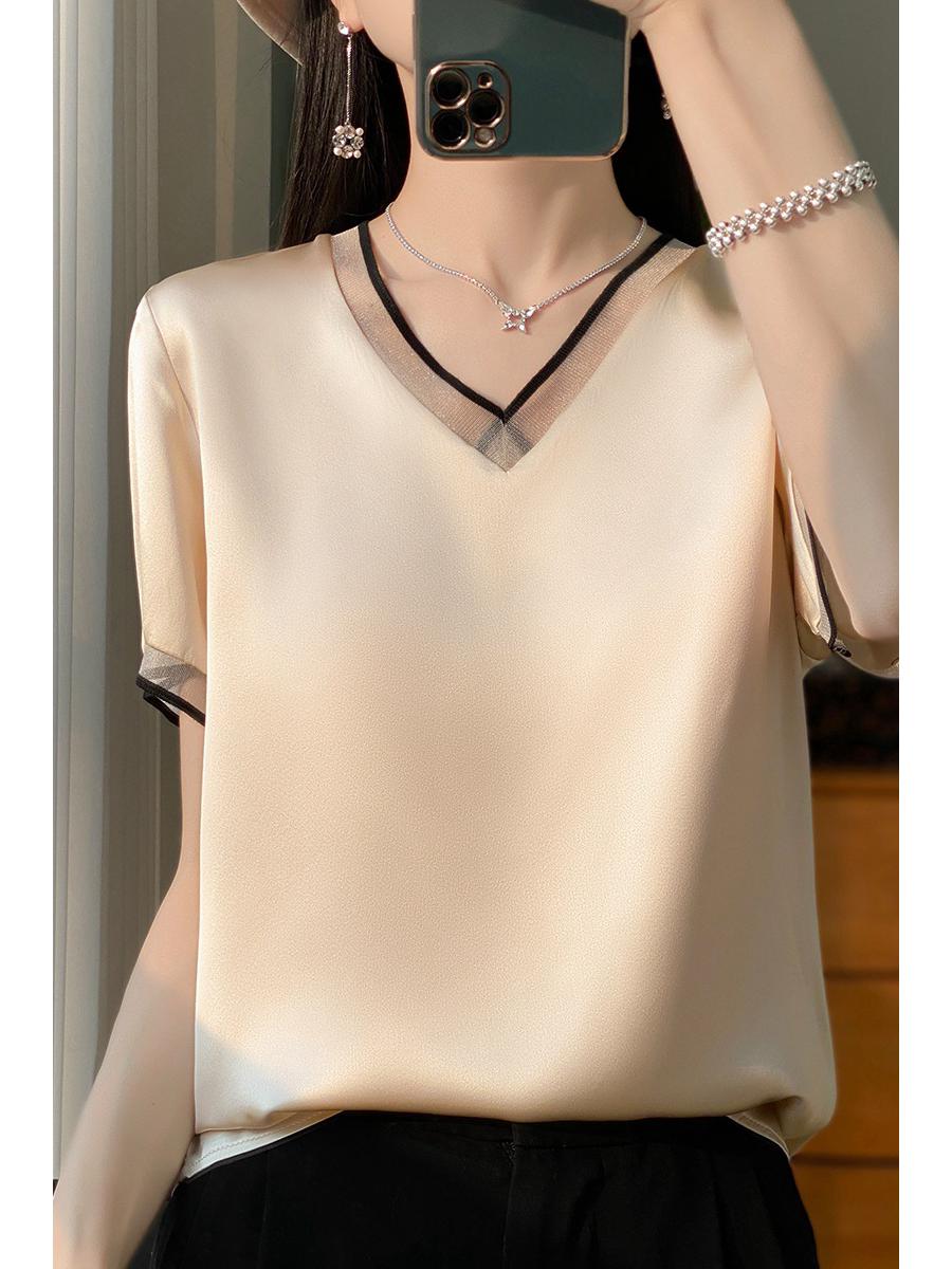 

2025 Женский топ из шелкового сатина и сетки с V-образным вырезом и короткими рукавами XL