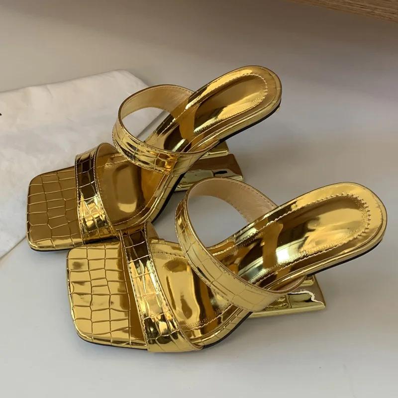 Moda Eilyken Diseño de Verano Tacones de Enrejado Punta Cuadrada Zapatillas Mujer Moda Vestido de Banquete Zapatos Deslizantes