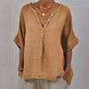Cotton Linen Women Shirt V-Neck Buttons Half Placket Half Sleeve Breathable Loose Fit Tops Daily Wear