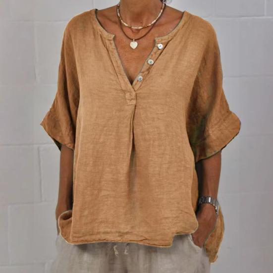 Cotton Linen Women Shirt V-Neck Buttons Half Placket Half Sleeve Breathable Loose Fit Tops Daily Wear