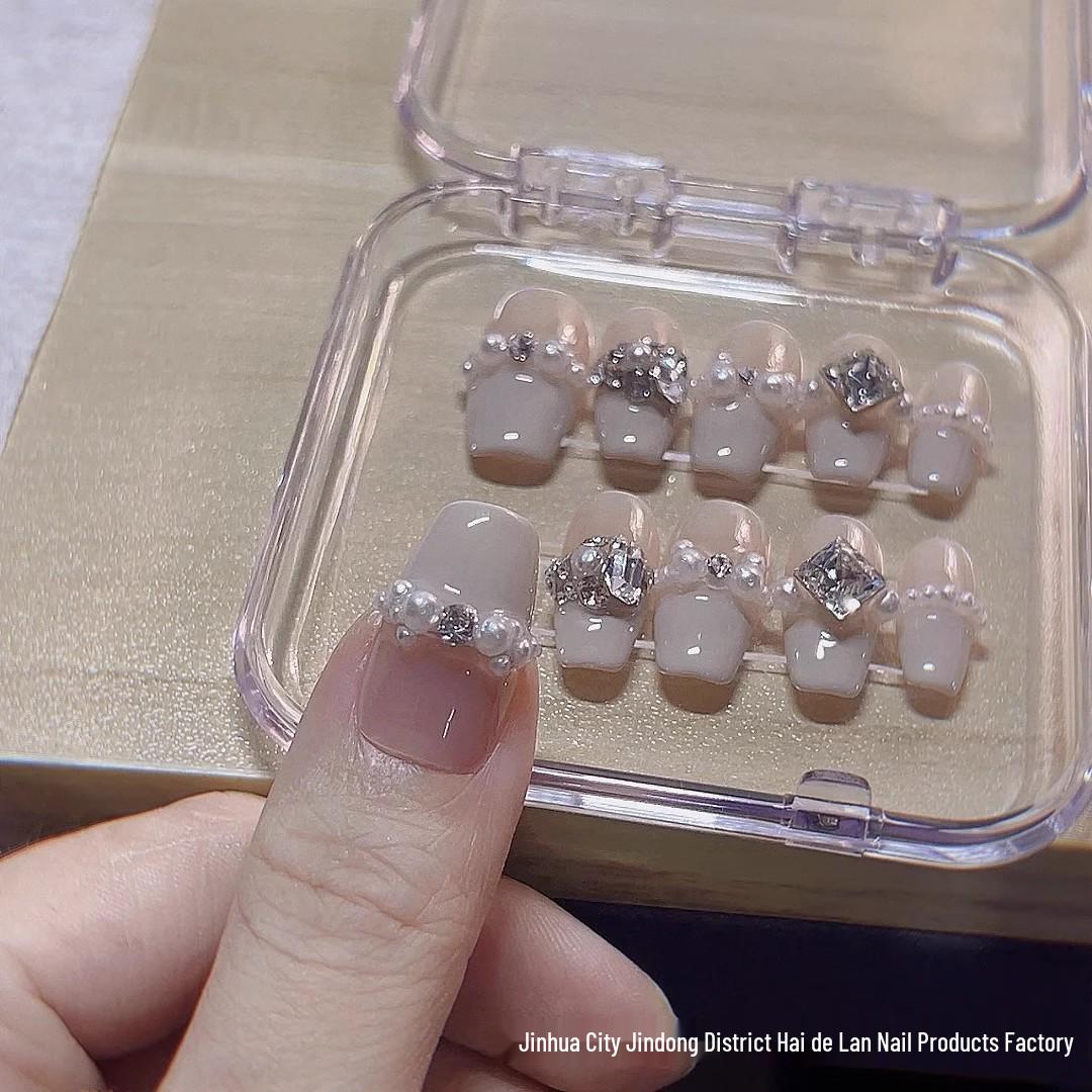 

Pearl Bride Nude French Manicure: Handmade Wearable False Nail Patches Medium