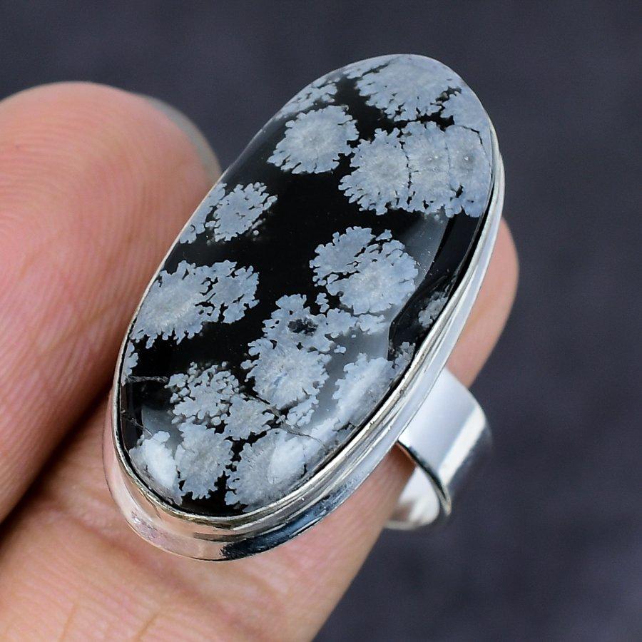 Natural Snowflake Obsidian Gemstone 925 Sterling Silver Jewelry Ring Size 9 T8l61