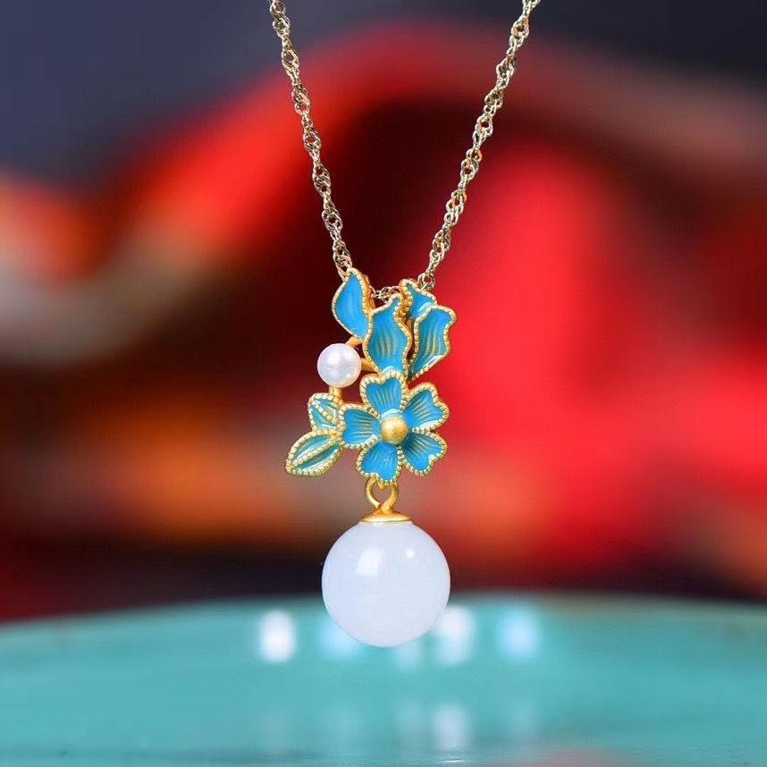 New Porcelain Inlaid Hetian White Jade Pearl Flower Enamel Porcelain Necklace Earrings Palace Style Elegant Ladies Jewelry