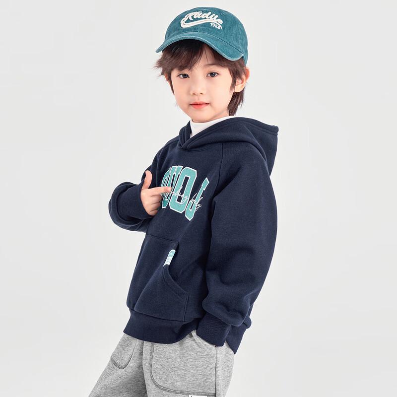 Boys American College Style Plush-Lined Hooded Sweatshirt 130
