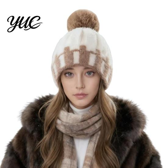 Soft Acrylic Polyester Cap Knit Winter Hat with Faux Fur Pom, Thick Color Thermal Headwear for Skiing Block Cable Cap, Elastic Cold Weather