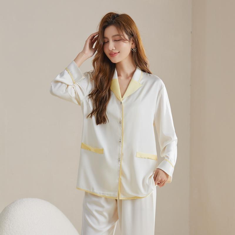 Frühlings- und Herbst-Eisseiden-Pyjama für Damen, glatt, schlankmachend, einfarbig, zweiteilig, langärmelig, Homewear-Pyjama-Set