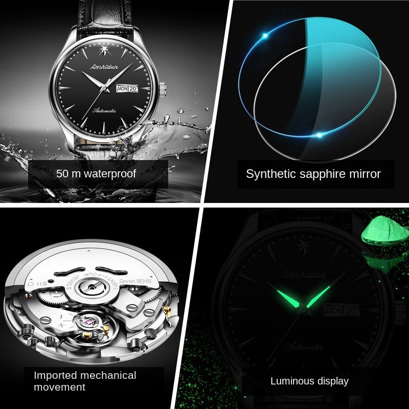 JINSHIDUN Markenuhr Automatische mechanische Uhr Doppelkalenderuhr Modetrend Herrenuhr Herrenuhr