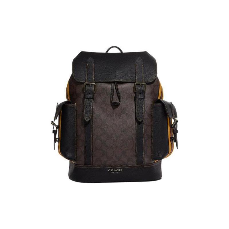 

COACH Hudson 30 flap drawstring closure exterior cow leather details school bag backpack backpack large size men s mahogany color with buttercup color золотий