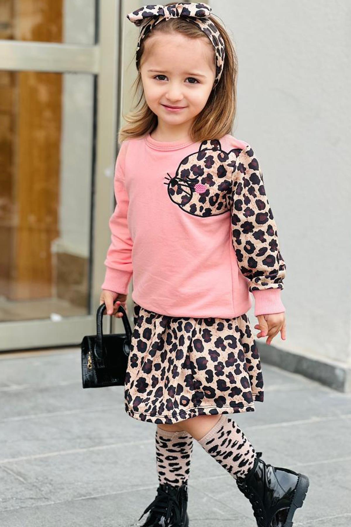 

Толстовка с принтом кота для девочек, розовая юбка с леопардовым принтом, костюм