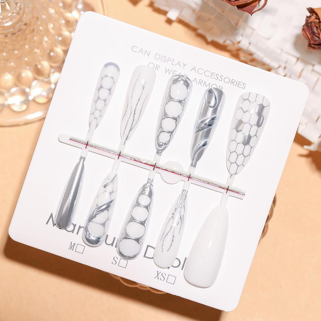 Silver Glitter Snake Print Almond 3D Gilding Press-On Nails with Lace Lines - High-End Nail Art Stickers