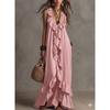 Women S Vintage Bohemian V Neck Short Sleeve Ruffled Long Dress