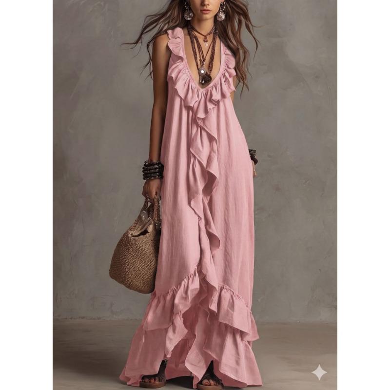 Women S Vintage Bohemian V Neck Short Sleeve Ruffled Long Dress