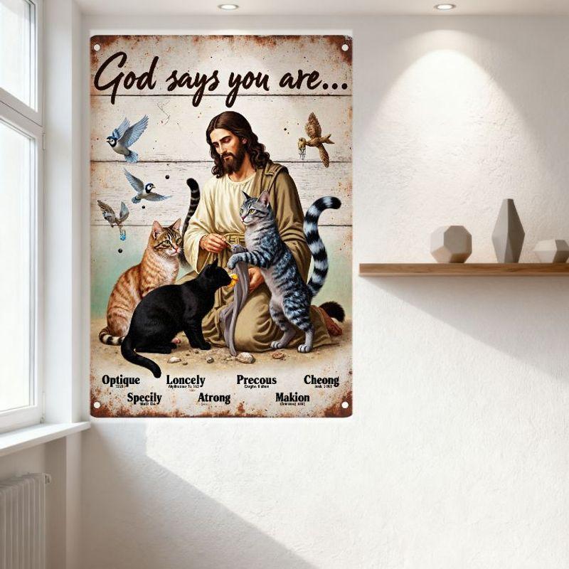 Vintage God Says You Are Metal Tin Sign - Weathered Wood Texture, Kneeling Man with Cats & Birds, Optique Lonely Precious Cheong