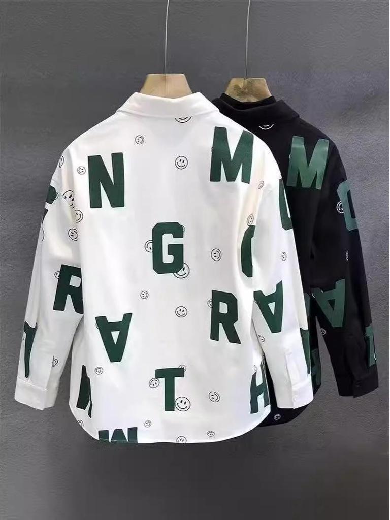 Unisex Korean Letter Print Long-Sleeve Casual Shirt Jacket - Trendy, Loose-Fit for Spring & Autumn