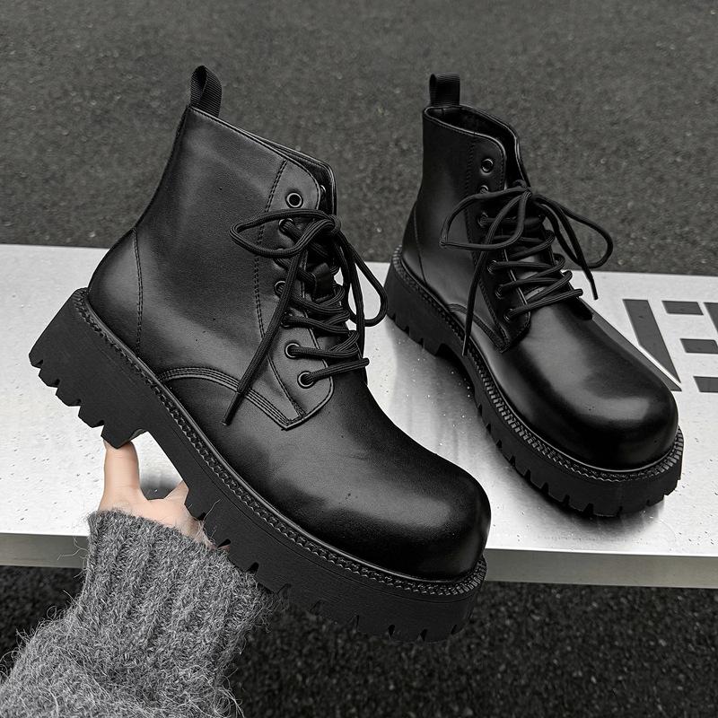 Men's Casual Business Office Platform Boots Black Original Leather Shoes Cowboy Autumn Winter Boot Big Toe Ankle Botas Masculina