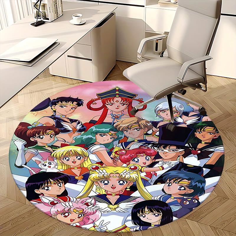 1 Stück Sailor Moon Anime Runder Teppich Bürostuhlmatte, Rutschfeste Matte für Heimdekoration, Saisonales Geschenk, Geeignet für Büro, Wohnzimmer