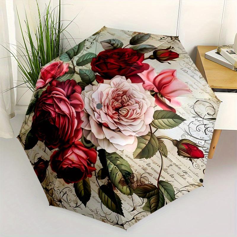 Retro Elegant Floral Automatic Open/Close Umbrella - 8-Rib Compact Folding Umbrella with Elegant Floral Design, Automatic Open