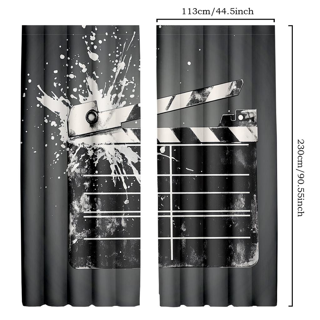 2pcs Grunge Movie Curtains   Clapper Board and Retro Film Backdrop for Window Drapes