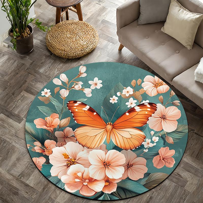 Graceful Butterflies & Flowers Flannel-printed round floor mats are slip-resistant Suitable living room terrace garden carpets