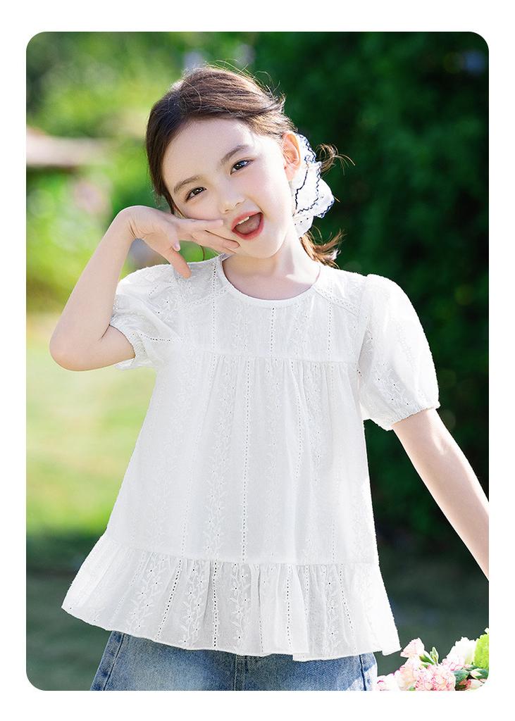 Hollow Flower Doll Shirt - Girls' Summer Dress with Lace Round Neck Short Sleeves, Pure Cotton Bubble Sleeves, Medium Size Children's T-shirt