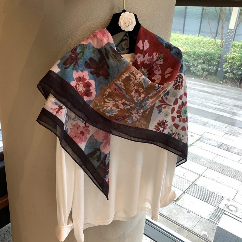 Womens Cotton Linen Scarf Square Wrap Shawl With Floral Print Lightweight Fall Winter Accessory