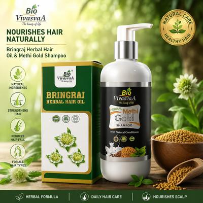 Bio Vivasvaa Methi Gold Shampoo 300ml+Bringaraj Herbal Hair Oil 180ml | Hair Growth, Strengthening& Nourishing Hair Roots