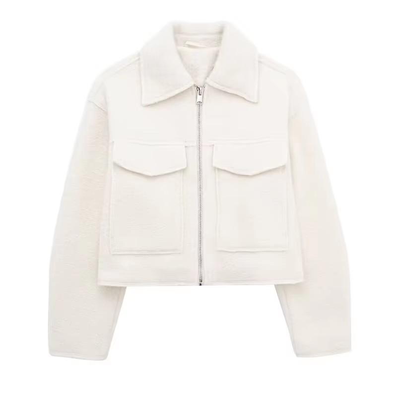 Women Fashion with Pockets Grey Front Zipper Jackets Vintage Lapel Neck Long Sleeves Female Chic Lady Outfits