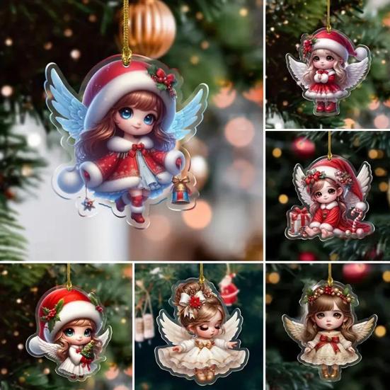 1/6Pcs Christmas Santa Hat Girl Hanging Decoration Holiday Party Winter Xmas Tree 2D Flat Acrylic Cartoon Angel Fairy Hanging Ornament
