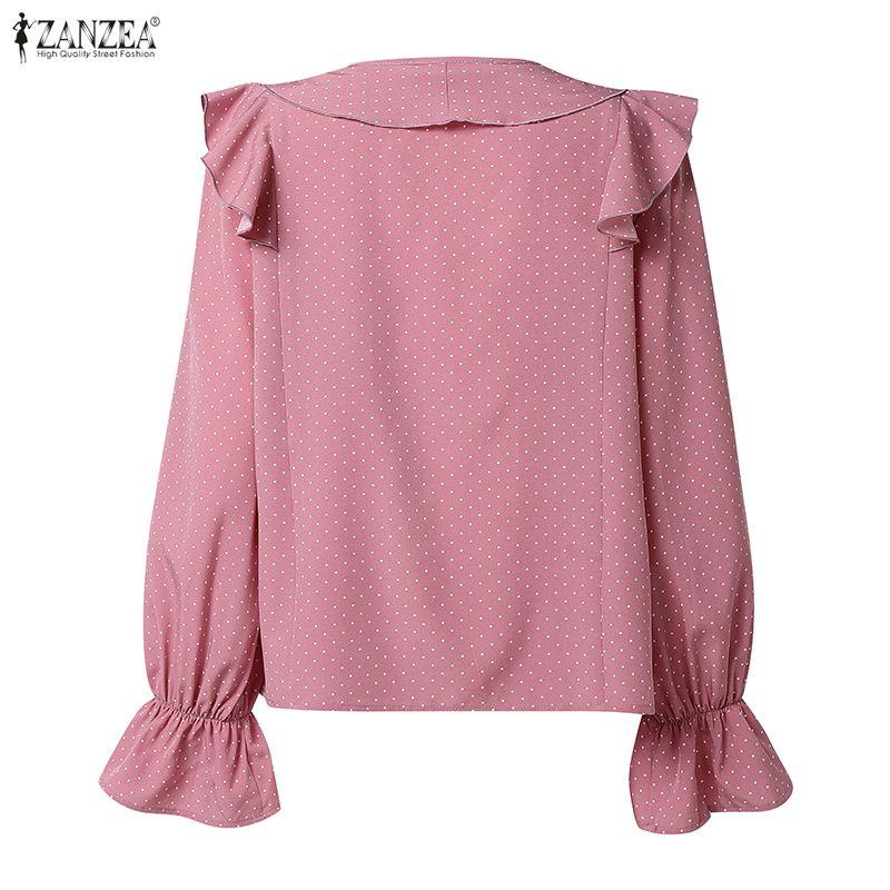 ZANZEA Women Casual Ruffles V-Neck Loose Long Sleeve Polka Dot Print Blouse