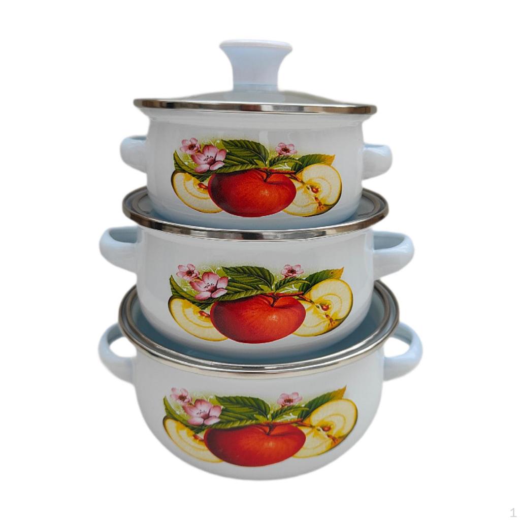 3 Stück Emaille Kochtopf Kochtopf Blumendesign und Griffe Schmoren Bohnen Köcheln Tiefe Suppe