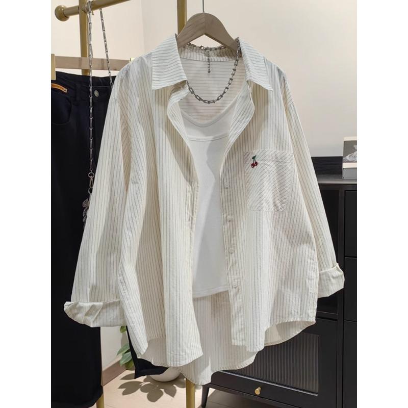 

Vertical Stripe Cherry Embroidered Shirt Jacket Women s Summer Thin Shirt Loose Sunscreen Cardigan Casual Top S абрикосовый