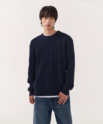 Cotton Cable Crew Neck Knit [Navy]