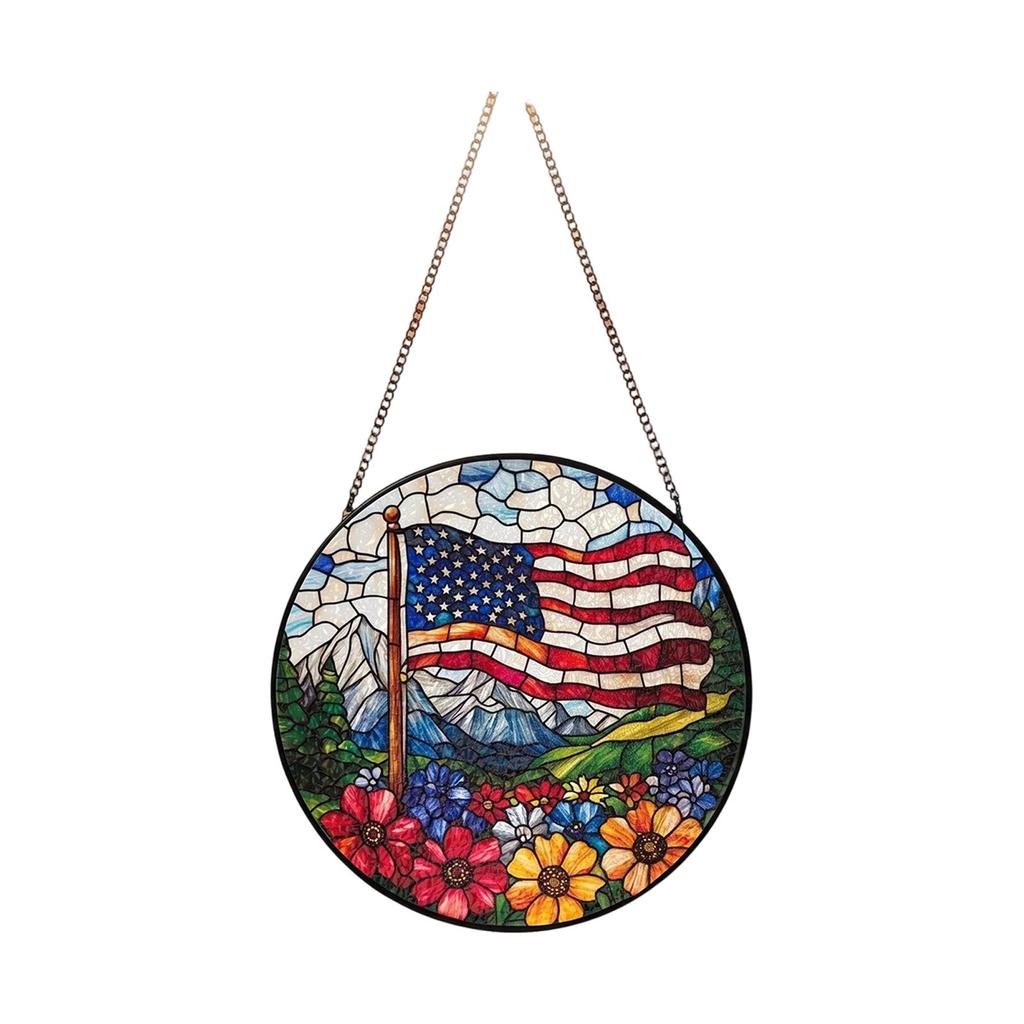 American 0th Anniversary Stained Glass Acrylic Suncatcher, Patriotic Flower Vase Window Hanging Decor