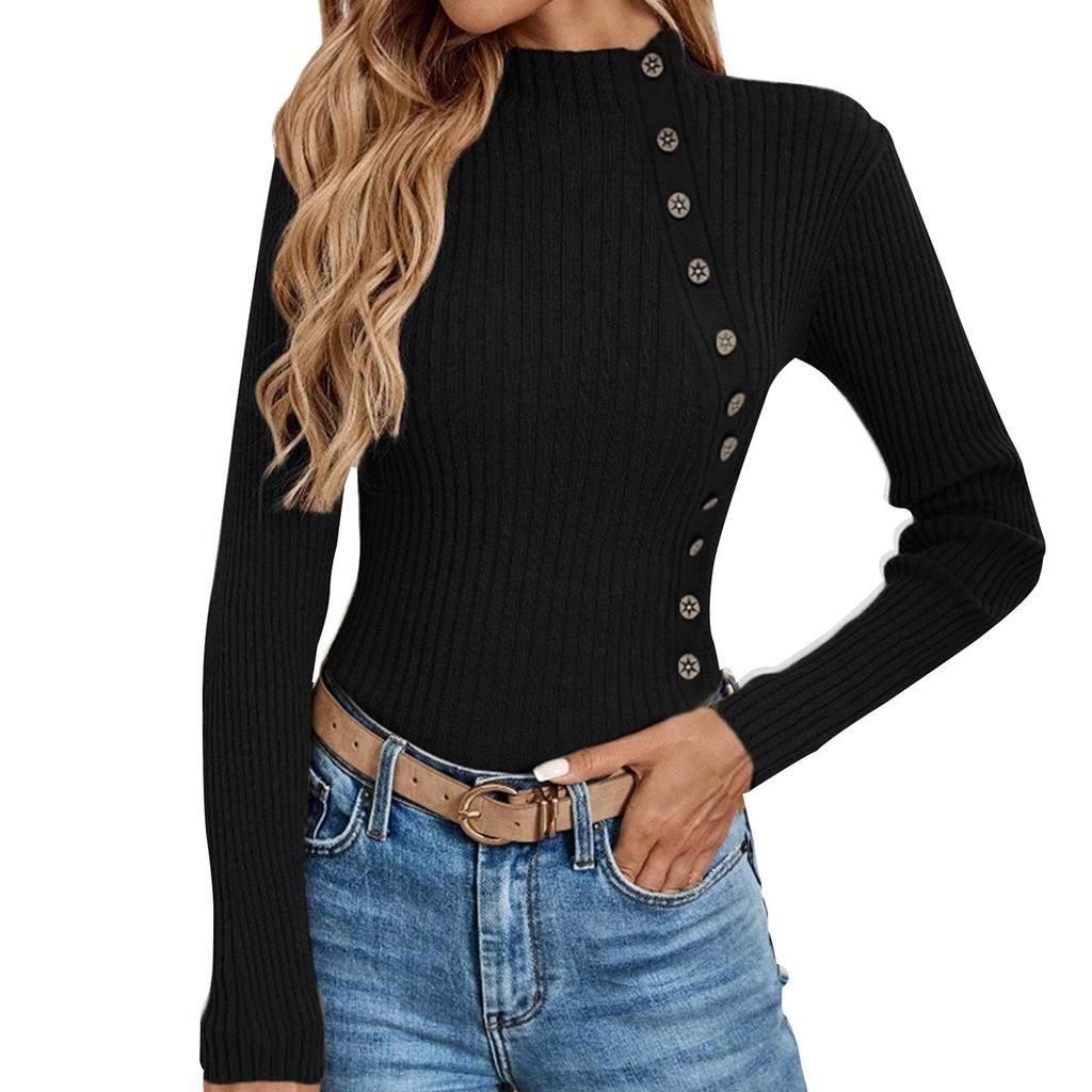 Women's Casual Color Slim Button Knit Sweater Long Sleeved Base Sweater Sweater