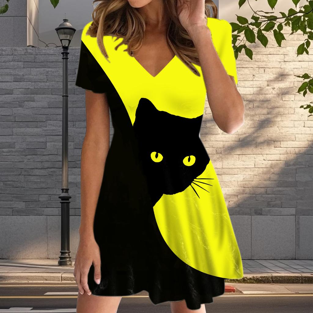 Summer Fashion Women's V Neck Short Sleeve Black Cat Printed  Dress Sex Short Skirt Dresses
