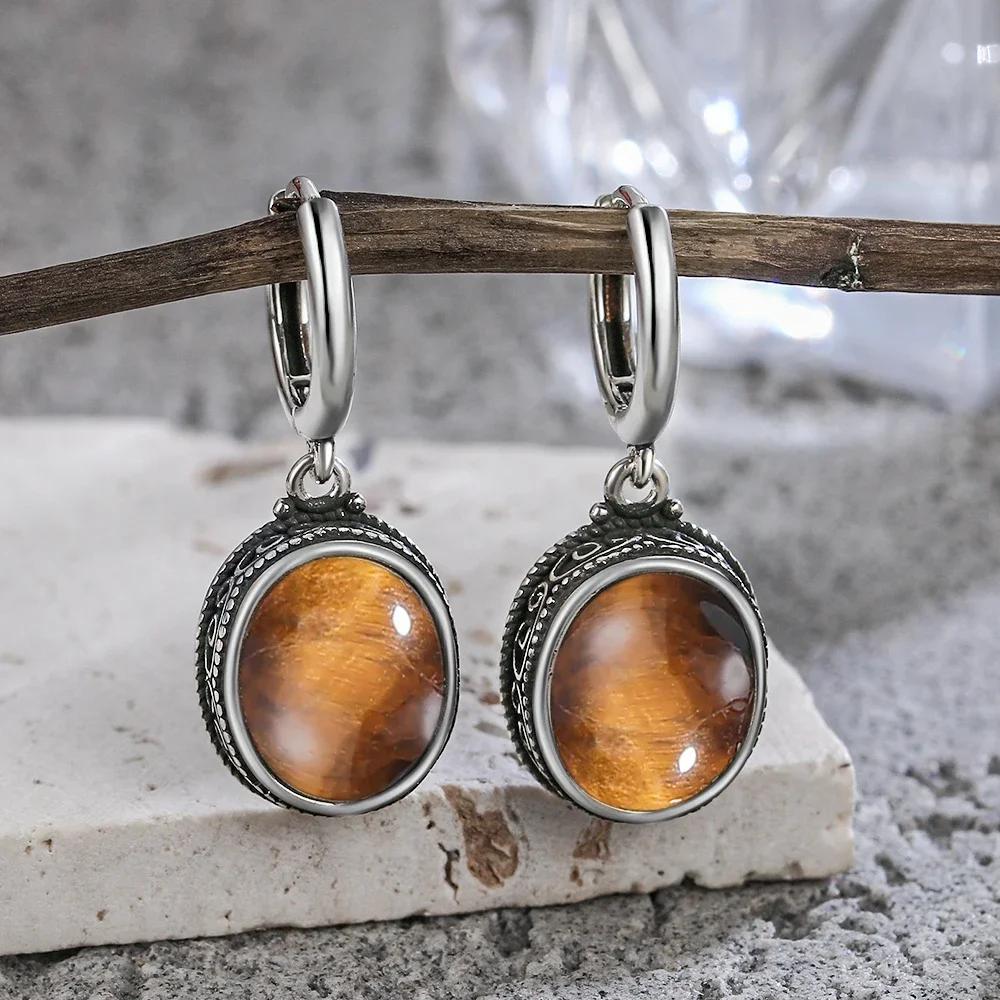 Vintage 925 Silver Natural Labradorite Earrings with Blue Light 10*12mm Big Stone Hoop Earrings Fine Jewelry for Women