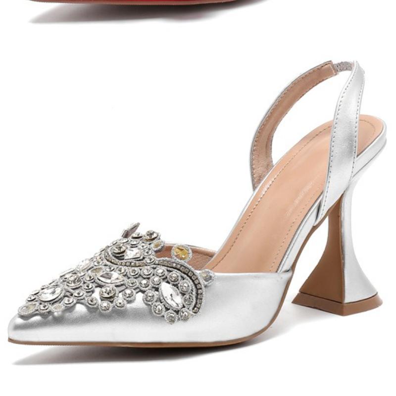 

Fashion Luxury Rhinestone Decoration Design Brand Sandals Women High Quality Satin Pointed Toe High Heels Elegant Slingback Wedding Shoe 35 серебряный