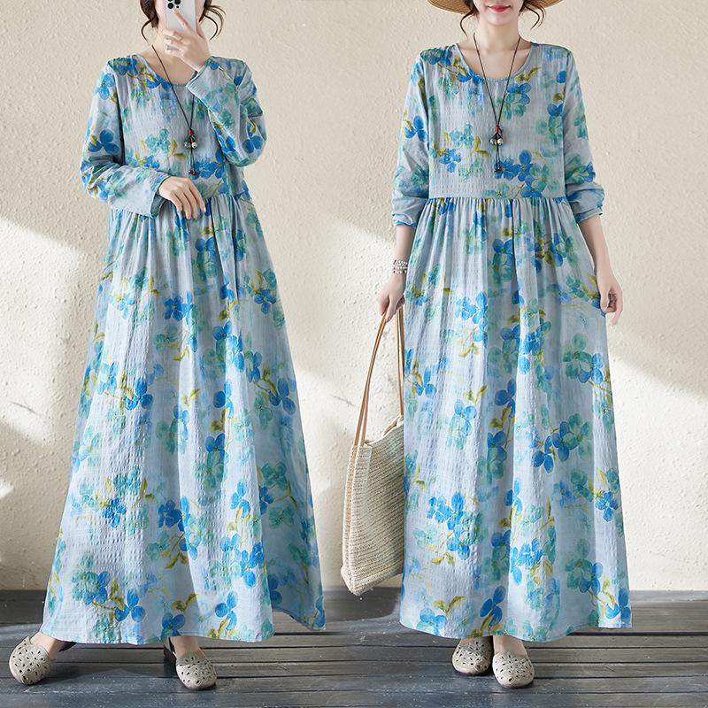 Cotton Linen Swing Long Dress Female Spring and Summer New Loose Thin Temperament Literary Retro Printing Long-sleeved Dresses