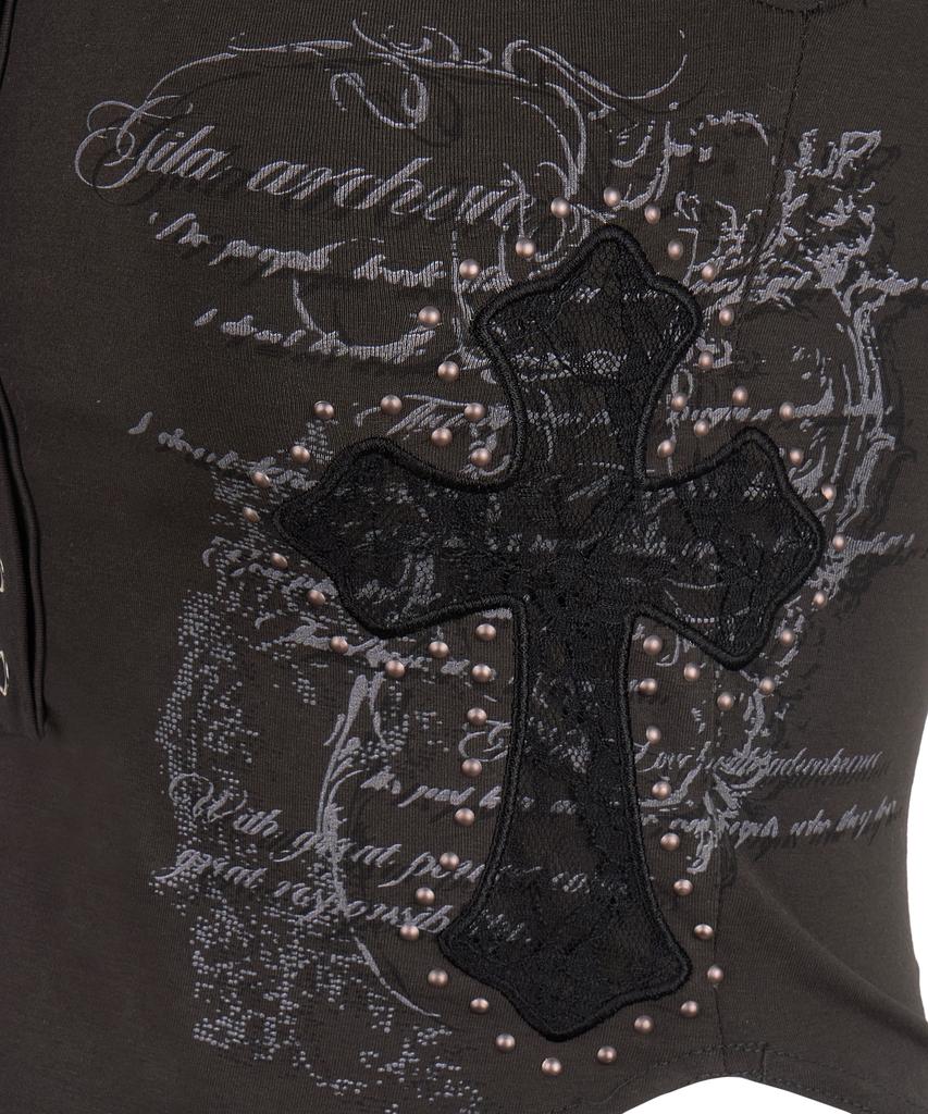 Gillaakaibeu Lace Cross Patched Button Crop T-Shirts_Charcoal
