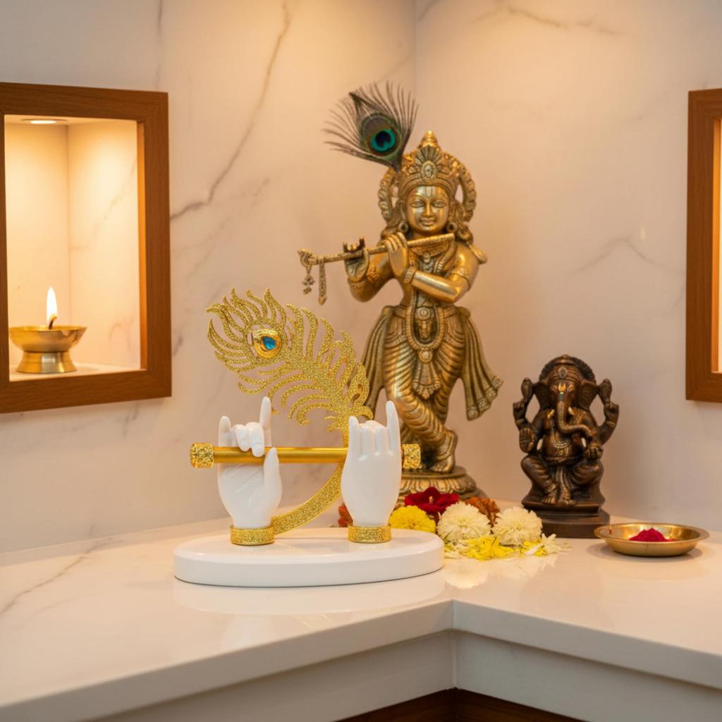 MIND CIRCUS Murli Krishna Hands Showpiece with Gold Plated Peacock Feather – Resin Decorative Krishna Flute Figurine for Home Décor, Living Room