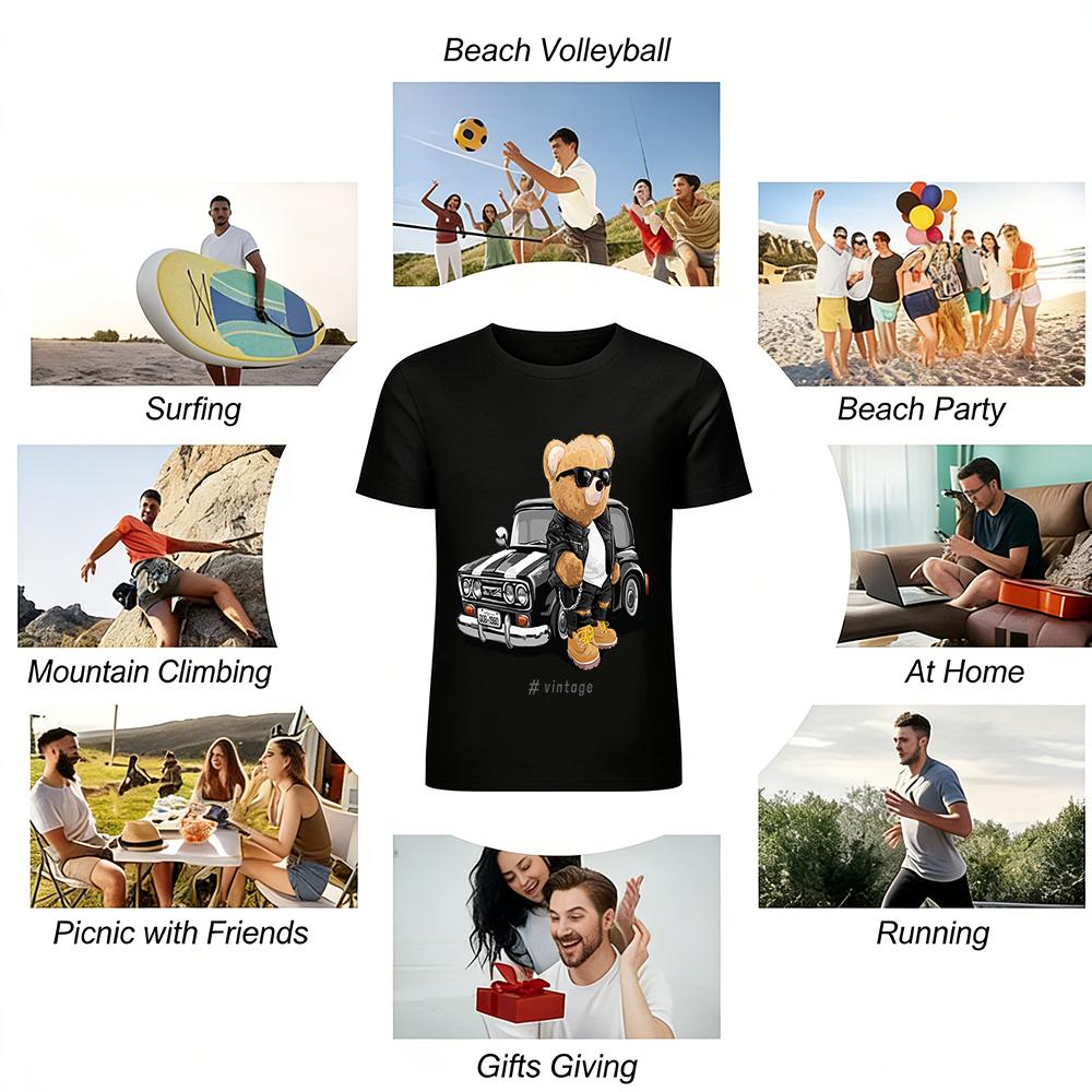 Vintage Motorcycle Bear Print Casual Tee Unisex Trendy Top Pure Cotton T-shirt
