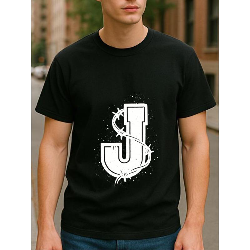 European Size Men'S Print Short-Sleeved T-Shirt with Wire Mesh Letter "J" | Medium Elasticity, Fashionable Style, Loose Crew Neck, Comfortable